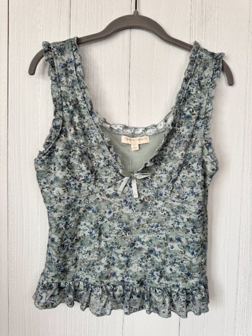 Thirty Thirty LA Floral Lace Ruffle Tank Top Sage Green Cottagecore Size L NWT